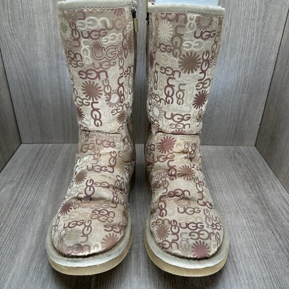 UGG 5515 Tall Winter Boots Womens 6 Lined Monogram Logo Zip Tan Beige - Picture 9 of 12